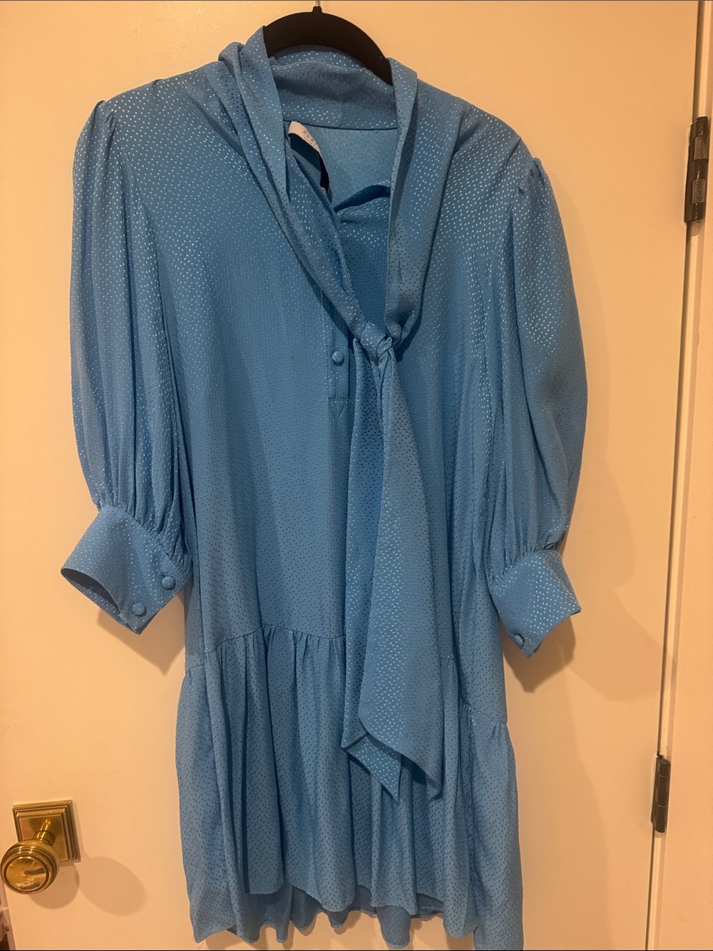 HUNTER BELL Sky Blue Tie-Neck Mini Dress with Puff Sleeves